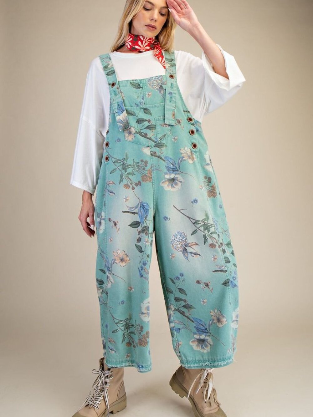 FLOWER PRINTED WASHED DENIM OVERALLS - Picture 2 of 4
